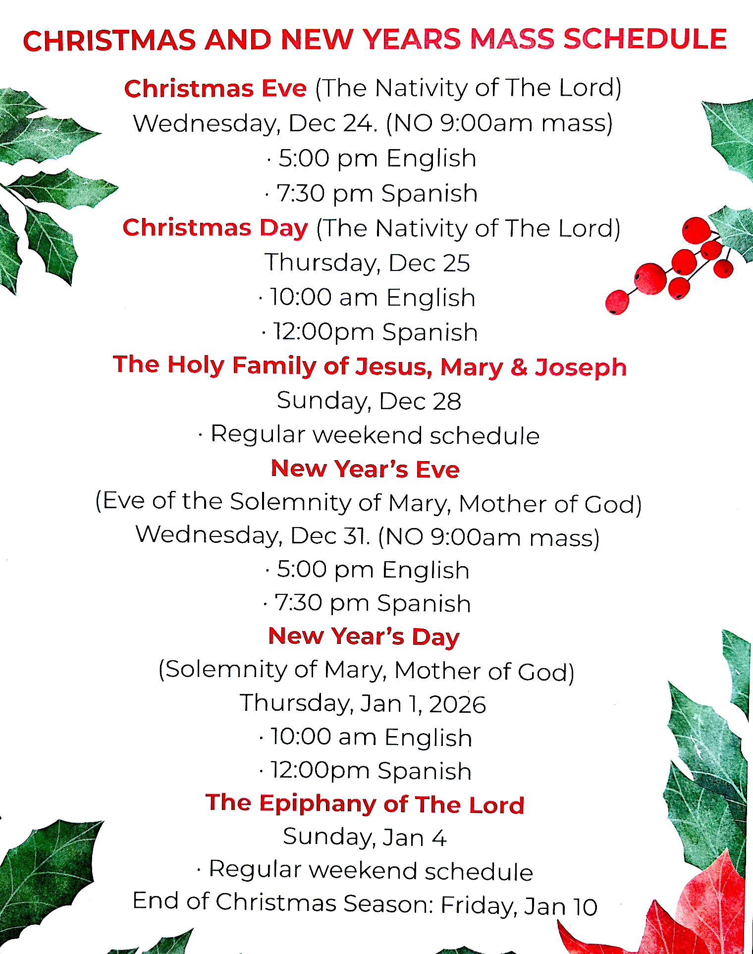 Christmas & New Year's Mass Schedule
