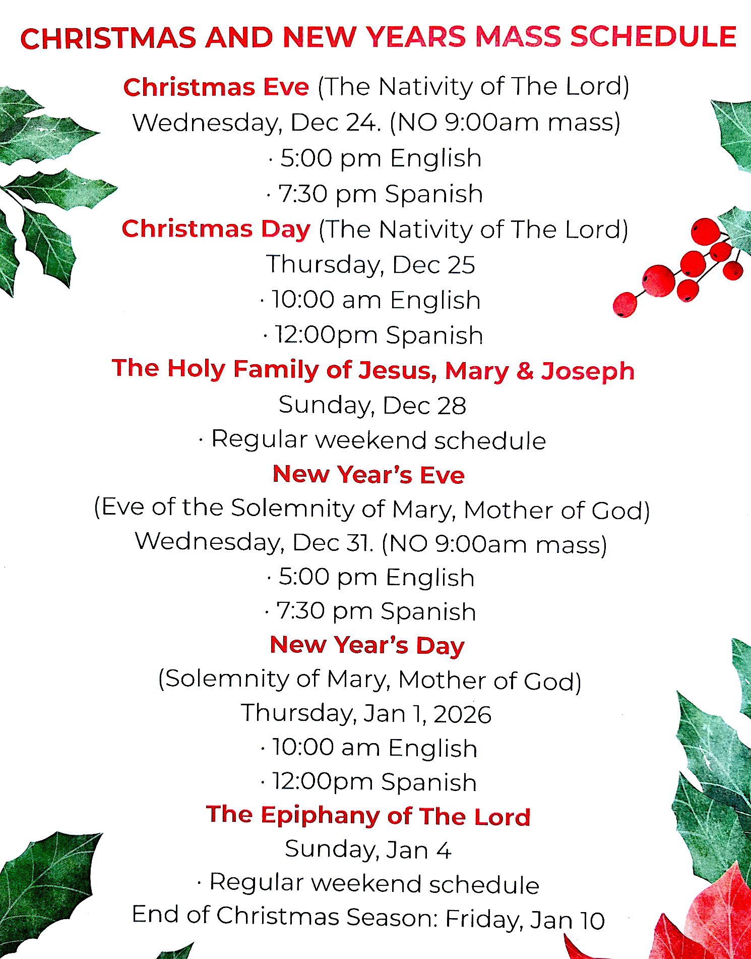 Christmas & New Year's Mass Schedule